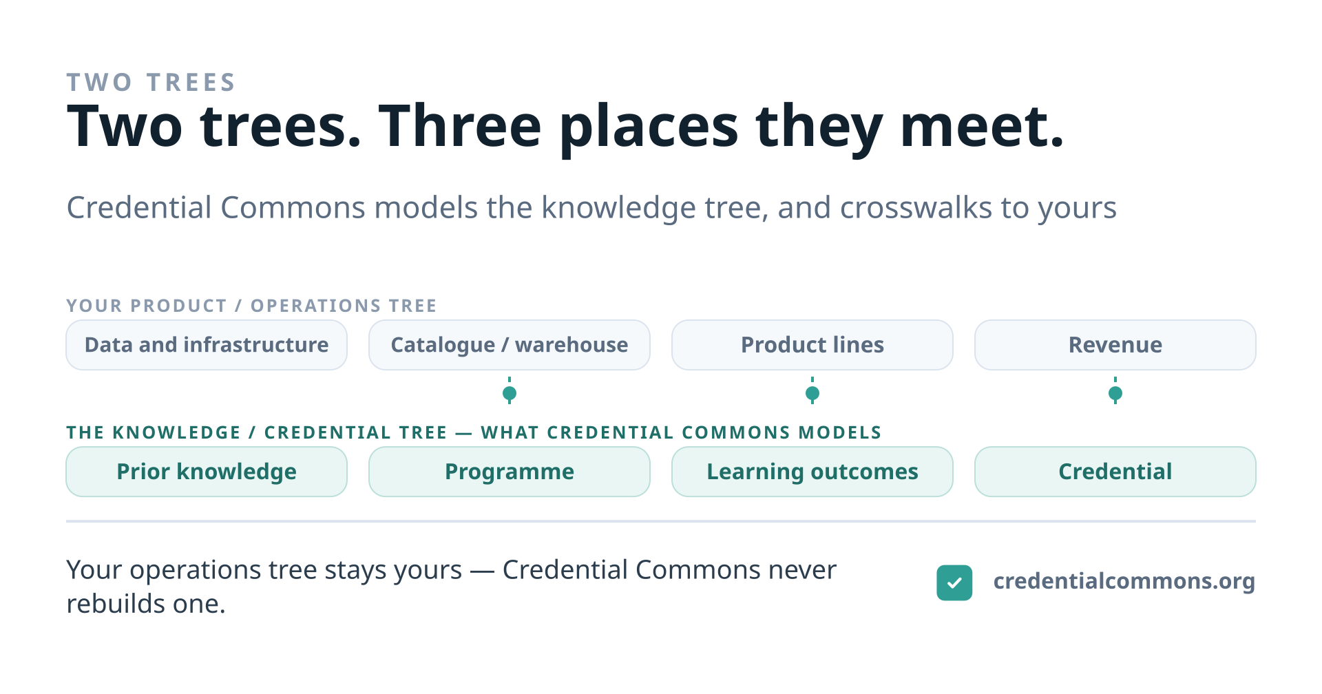 Two parallel tracks. The upper track is an organisation's product and operations tree: data and infrastructure, the catalogue or warehouse, product lines, revenue. The lower track is the knowledge and credential tree that Credential Commons models: prior knowledge, the programme, learning outcomes, the credential. Dashed links join the two tracks at three stages — the catalogue offering, the learning outcomes, and the credential. Credential Commons crosswalks to an operations tree at those points; it never owns or rebuilds one.